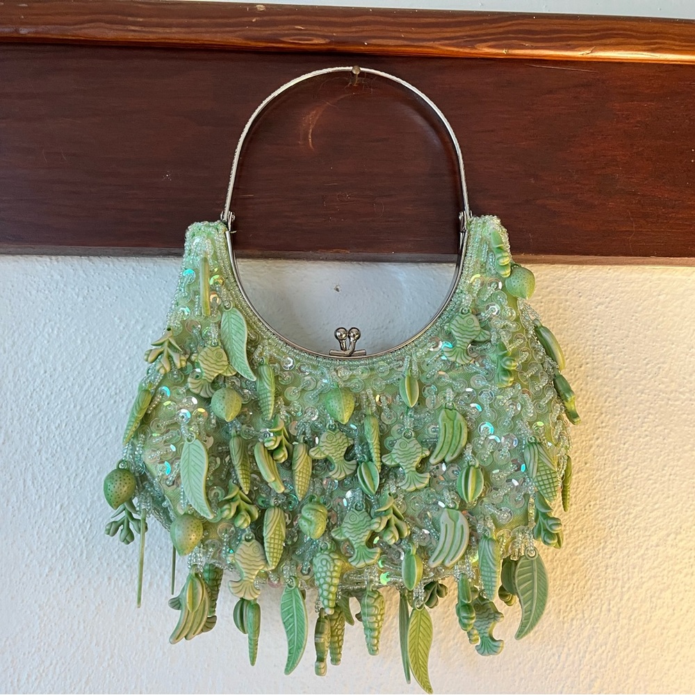 Mermaidcore Mermaid Green Fish Charm and Sequin Satin Mini Purse with Silver